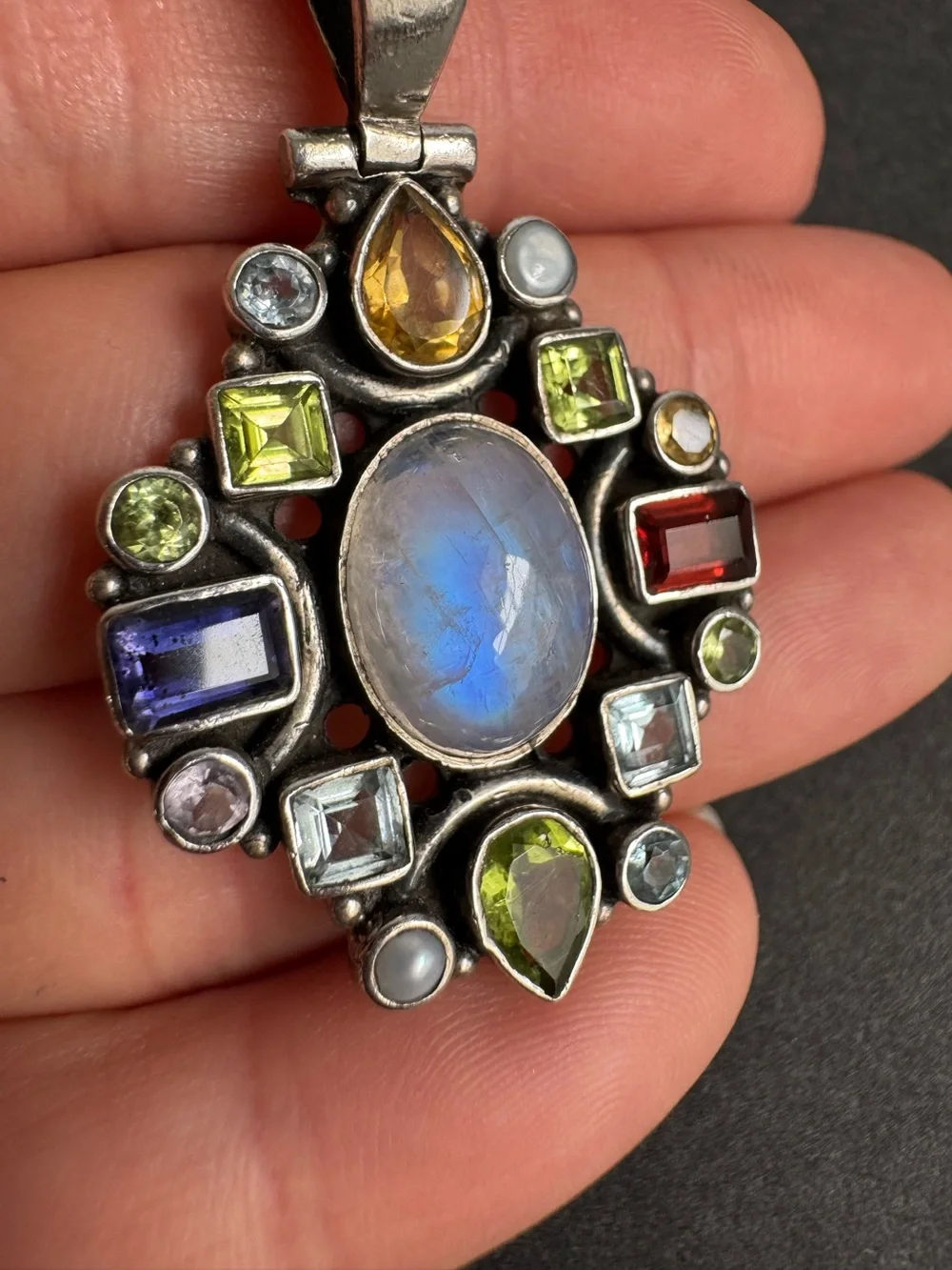 Rainbow Moonstone Stone Sterling‎ Silver Gemstone Peridot Necklace Vintage 925